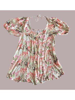 Free People Floral Puff Sleeve Viscose Blouse Large Pink/Yellow